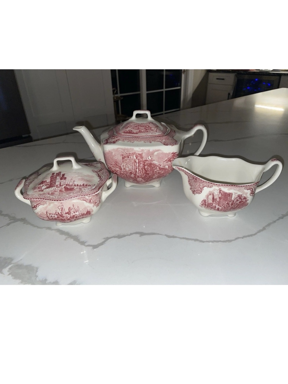 Johnson Brothers Old Britain Castles Pink Red Tea Pot Sugar Creamer England 1792